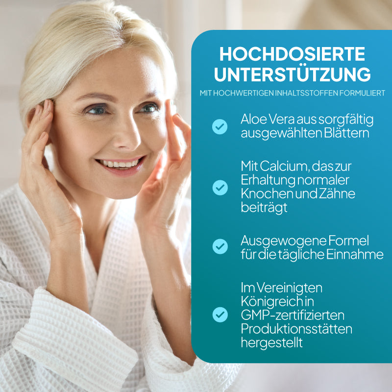 Eine lächelnde blonde Frau in einem weißen Bademantel berührt ihre Schläfen neben einer großen, blaugrünen Texttafel mit einem deutschen Werbetext über hochdosierte Unterstützung und Inhaltsstoffe wie Aloe Vera und Kalzium.