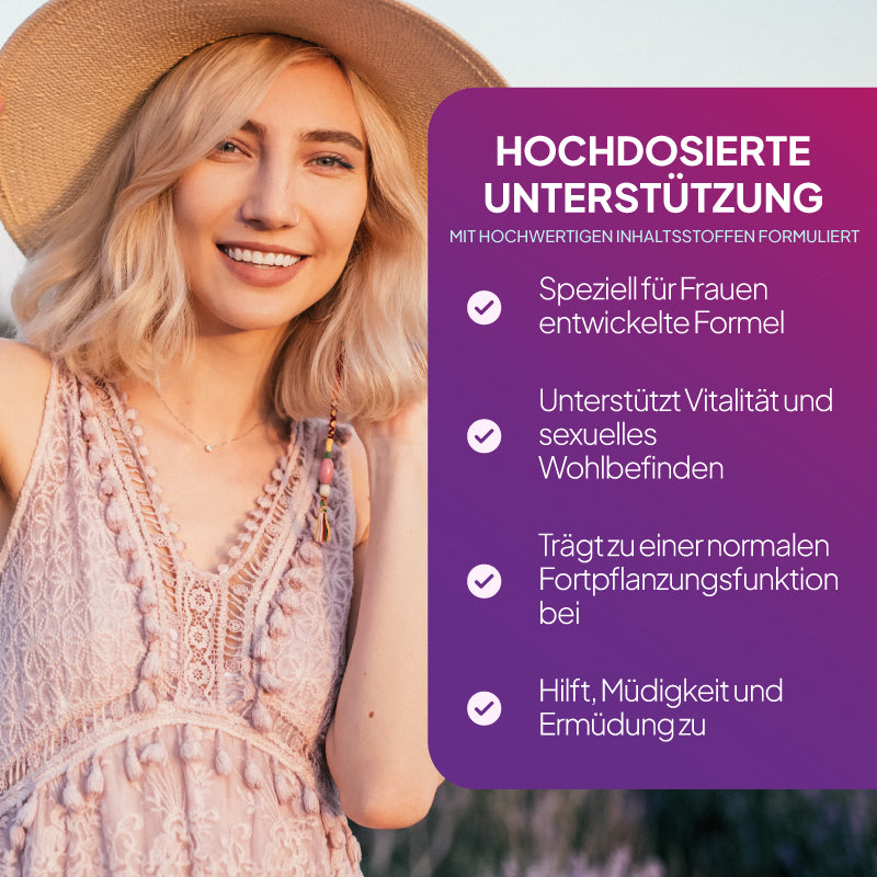 Grafik zum Lifestyle-Produkt „Simply Supplements Libido Plus Women“, die die hochwirksame Wirkung, die speziell auf Frauen abgestimmte Rezeptur, die Unterstützung der reproduktiven Gesundheit sowie die Linderung von Müdigkeit und Erschöpfung hervorhebt.
