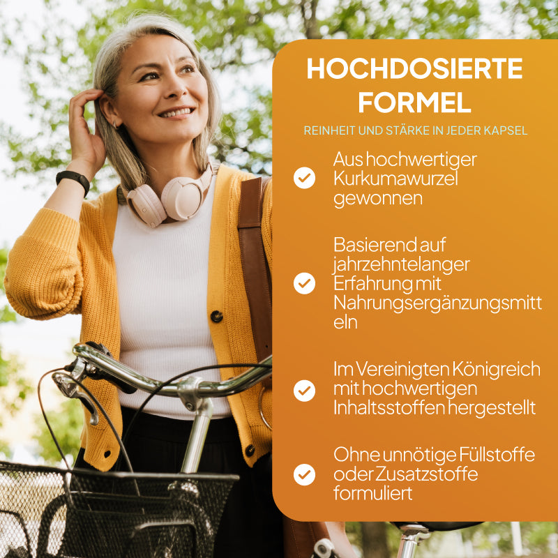 Eine Frau im Freien mit einem Fahrrad neben einer großen orangefarbenen Texttafel auf Deutsch, auf der „HOCHDOSIERTE FORMEL“ steht und die Produktvorteile mit Häkchen aufgelistet sind. Da das Produkt selbst nicht direkt zu sehen ist, lässt sich dieses Bild am besten als ergänzendes Marketing- bzw. Informationsbild einstufen und nicht als Produkt- oder Verpackungsbild.