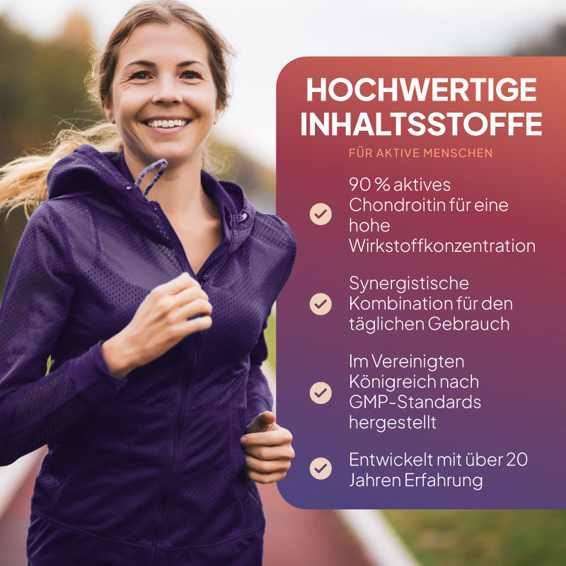 Eine lächelnde Frau in einem lila Sport-Hoodie läuft im Freien neben einer großen, rosa-lila beschrifteten Werbetafel mit einem deutschen Werbetext über Gelenkunterstützung und die Vorteile eines aktiven Lebensstils.