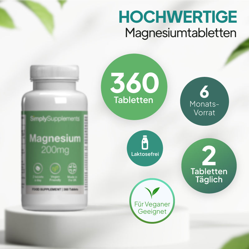 Eine Flasche des Nahrungsergänzungsmittels „SimplySupplements Magnesium 200 mg“ steht auf einem weißen Sockel vor einem hellen Hintergrund mit dekorativen grünen Blättern. Text in den Farben Blaugrün und Grün sowie runde Embleme heben die wichtigsten Verkaufsargumente hervor: 360 Tabletten, Vorrat für 6 Monate, laktosefrei, für Veganer geeignet und 2 Tabletten täglich.