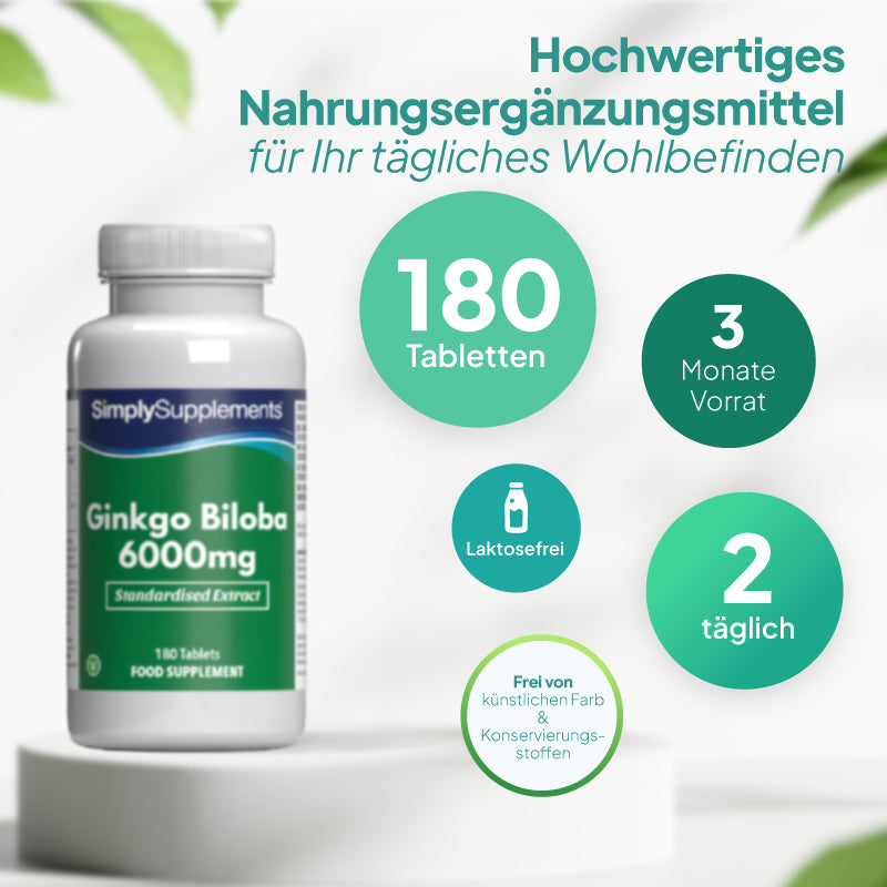 Eine Flasche des Nahrungsergänzungsmittels „SimplySupplements Ginkgo Biloba 6000 mg“ auf einem Sockel, mit deutschem Werbetext und kreisförmigen Beschriftungen mit den Angaben „180 Tabletten“, „3 Monate Vorrat“, „laktosefrei“ und „2 täglich“.