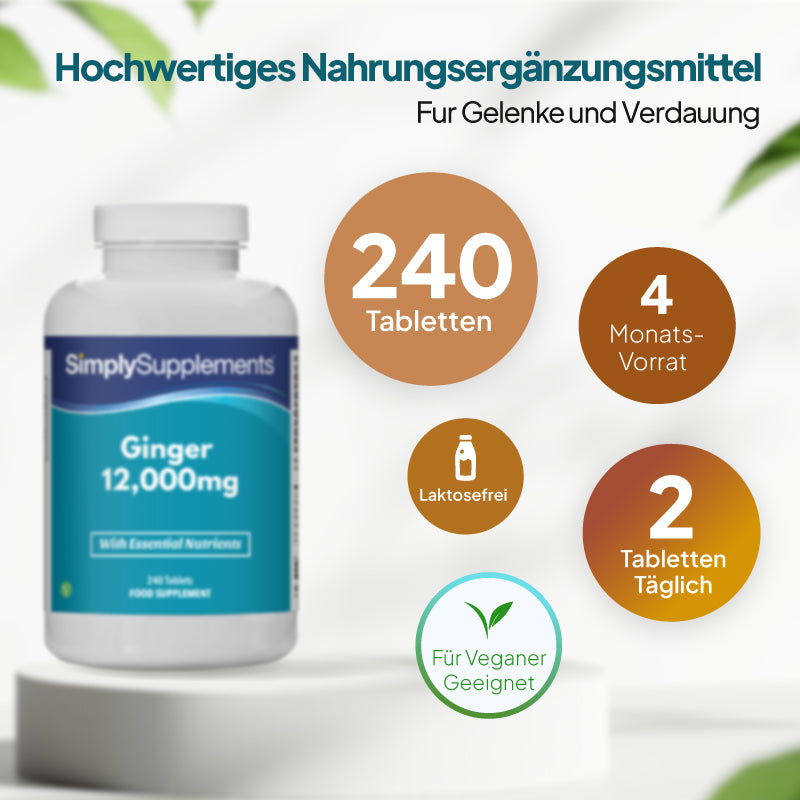 Eine Flasche des Nahrungsergänzungsmittels „SimplySupplements Ginger 12.000 mg“ auf einem weißen Sockel, umgeben von Werbesprechblasen in deutscher Sprache, die auf 240 Tabletten, einen Vorrat für 4 Monate, Laktosefreiheit und Eignung für Veganer hinweisen.