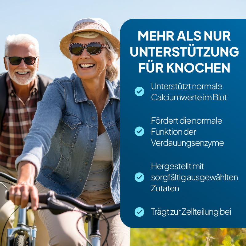 Werbegrafik mit einer lächelnden Frau und einem älteren Mann, die links im Freien Fahrrad fahren, sowie einem großen dunkelblauen Textfeld auf der rechten Seite in deutscher Sprache über die Vorteile der Knochenunterstützung.