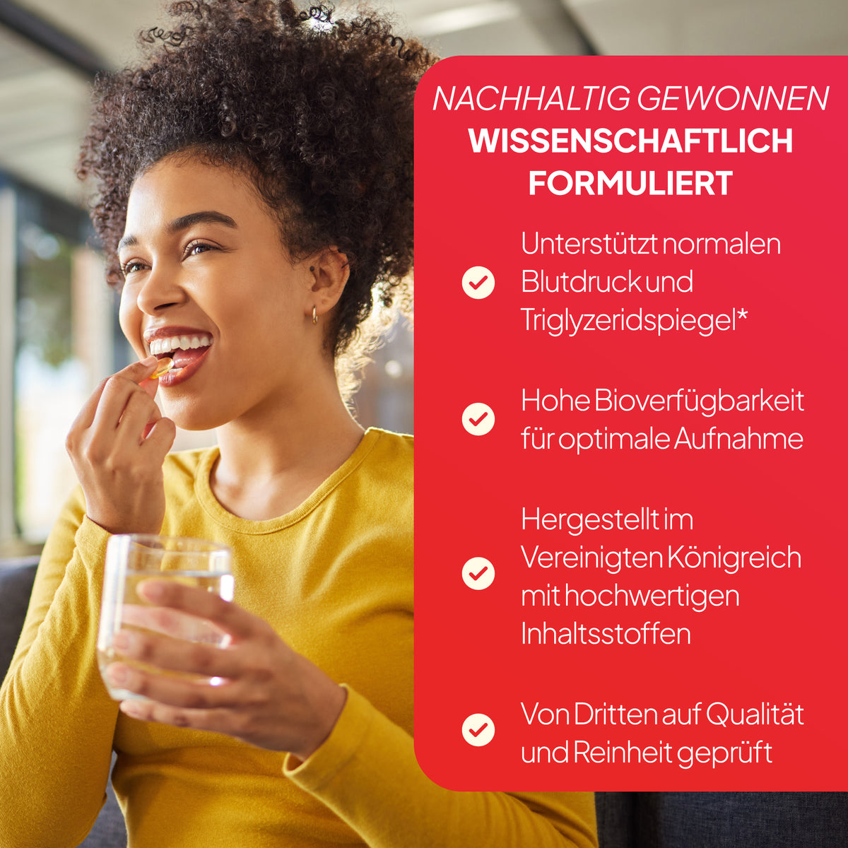 Eine lächelnde Frau mit lockigem Haar, die ein gelbes Oberteil trägt, hält ein Glas Wasser in der Hand, während sie ein Bonbon isst. Rechts ist ein großes rotes Textfeld mit einem deutschen Werbetext über nachhaltigen Erfolg und eine wissenschaftlich fundierte Rezeptur zu sehen.