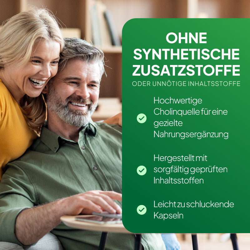 Grafik zu „Simply Supplements L-Cholin 500 mg“ mit den Schwerpunkten: keine synthetischen Zusatzstoffe, geprüfte Inhaltsstoffe, gezielte Ernährungsunterstützung und eine leicht zu schluckende Kapselform.
