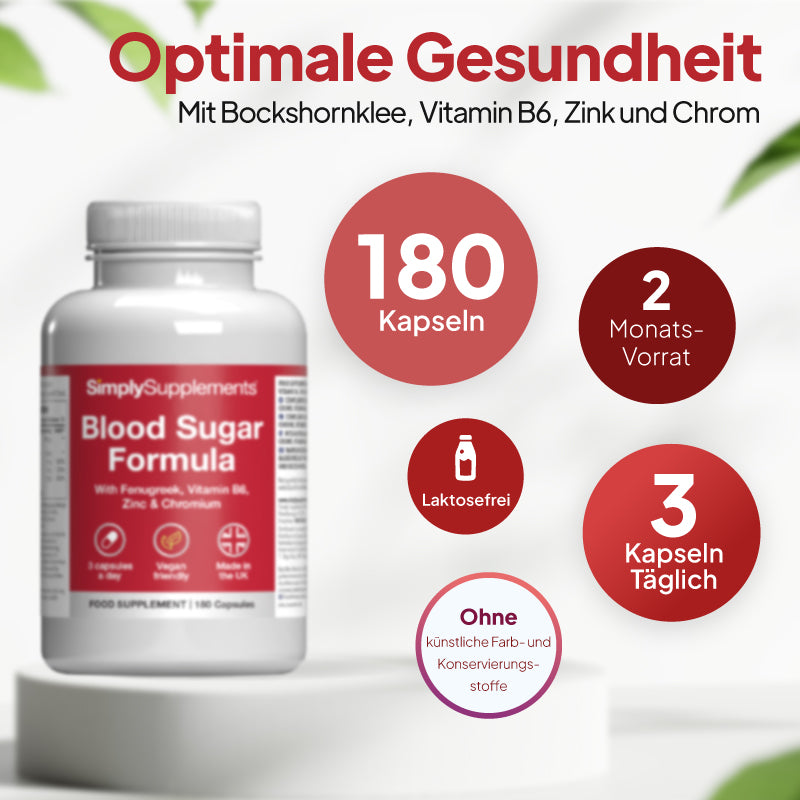 Eine Flasche des Nahrungsergänzungsmittels „SimplySupplements Blood Sugar Formula“ auf einem weißen Sockel, mit deutschem Werbetext und kreisförmigen Beschriftungen mit den Angaben „180 Kapseln“, „Vorrat für 2 Monate“, „laktosefrei“ und „3 Kapseln täglich“.