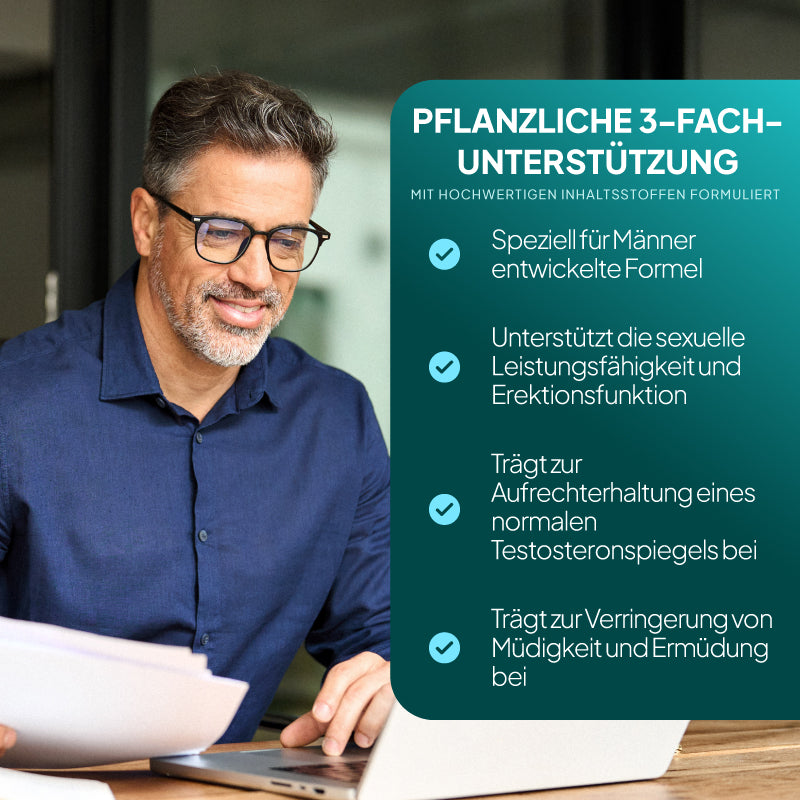Ein Mann in einem marineblauen Hemd und mit Brille sitzt an einem Schreibtisch, arbeitet an einem Laptop und hält Unterlagen in der Hand; rechts davon befindet sich ein großes, türkisfarbenes Textfeld auf Deutsch über pflanzliche 3-Wege-Unterstützung und die erektile Funktion.