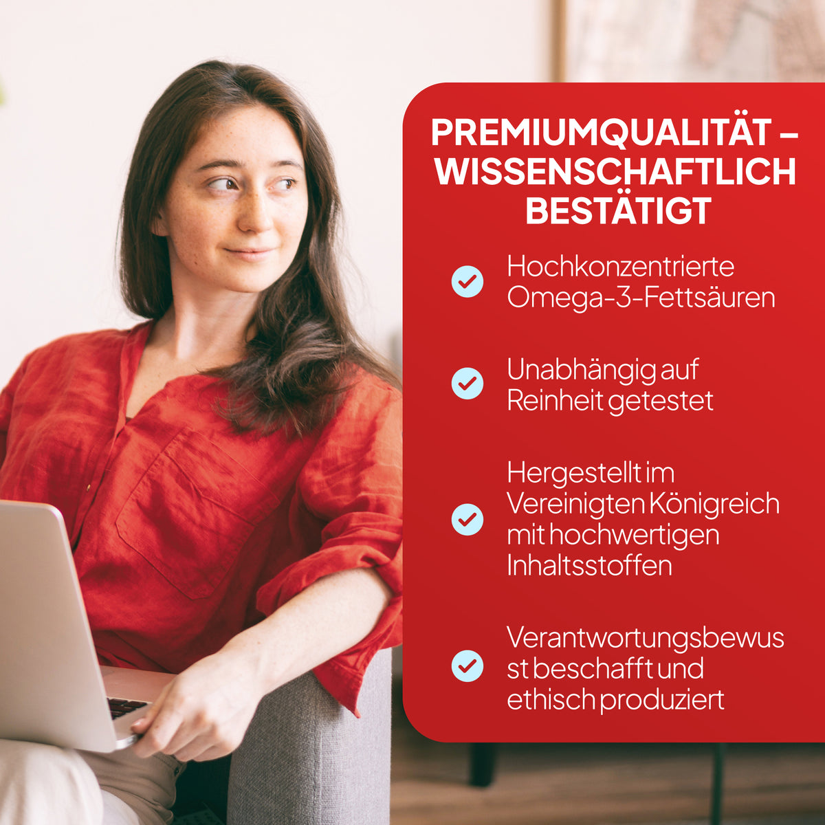 Eine Frau, die einen Laptop benutzt, auf dessen Bildschirm ein rotes Informationsfeld zu Produktqualität und Inhaltsstoffen zu sehen ist. Hochkonzentrierte Omega-3-Fettsäuren, hergestellt in Großbritannien.
