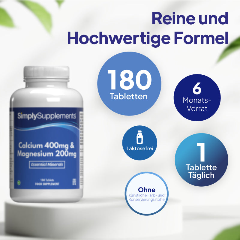 Simply Supplements Kalzium 400 mg & Magnesium 200 mg Tabletten – Vorrat für 6 Monate
