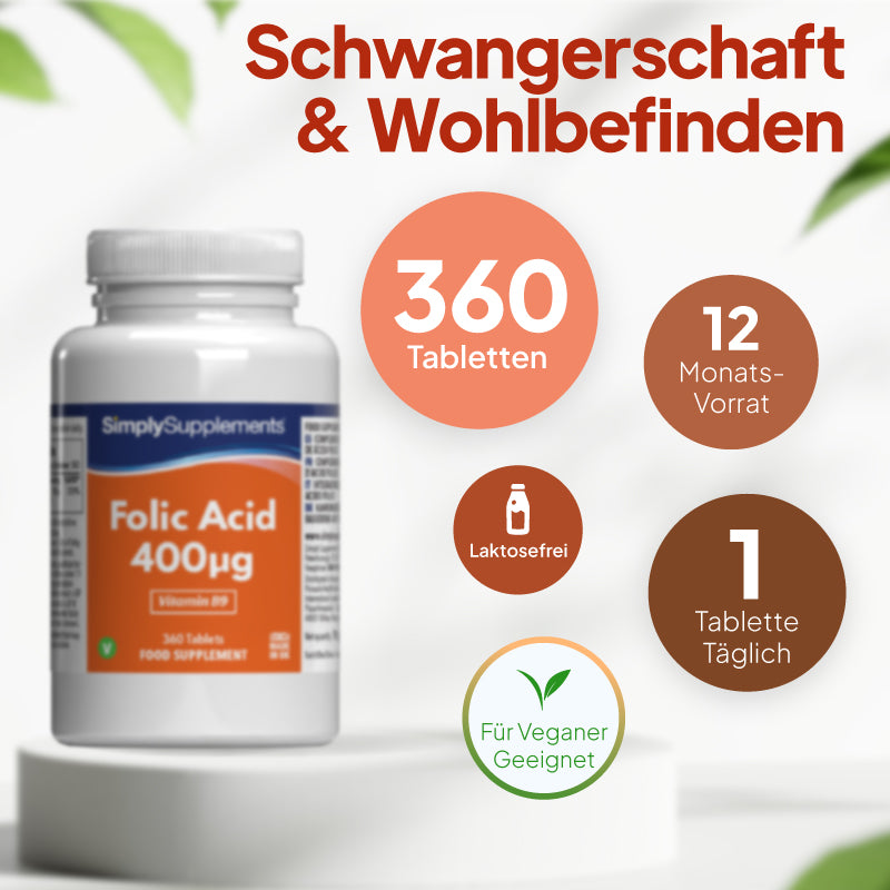 Eine Flasche „SimplySupplements Folsäure 400 mcg“ auf einem weißen Sockel, mit deutschem Werbetext und runden Hinweisen zu „360 Tabletten“, „12-Monats-Vorrat“, „laktosefrei“ und „vegan“.