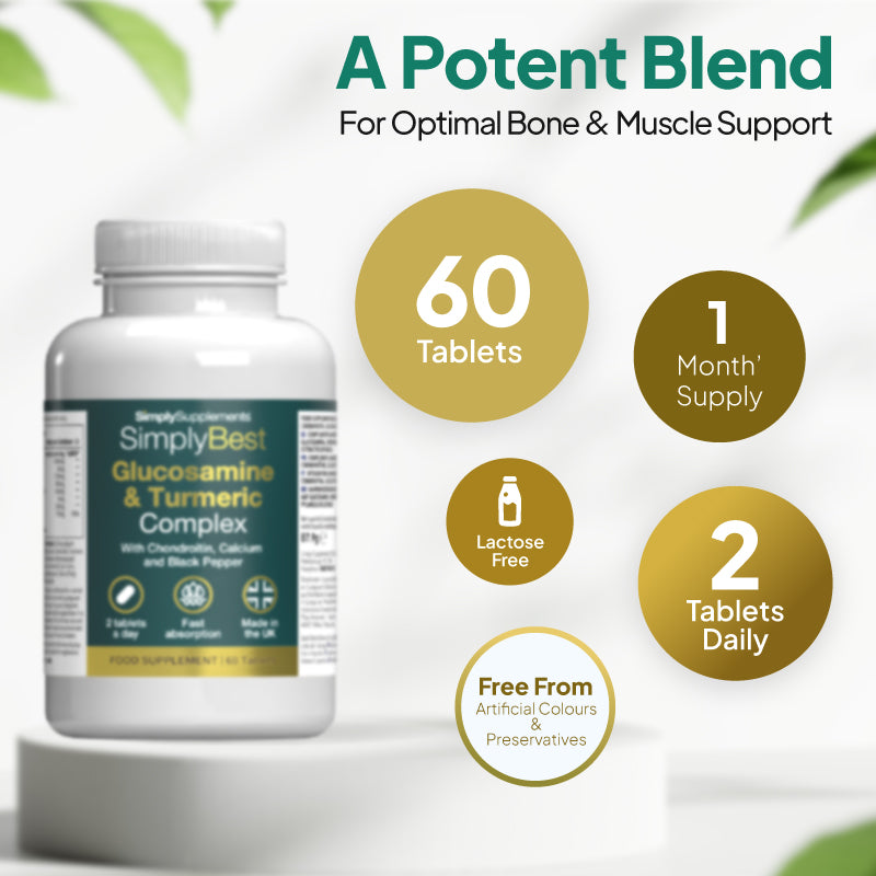 Simply Beste Glucosamin & Kurkuma Nahrungsergänzungsmittel Flasche mit Informationen auf Tabletten, supply duration, und Vorteile auf ein weiß Hintergrund