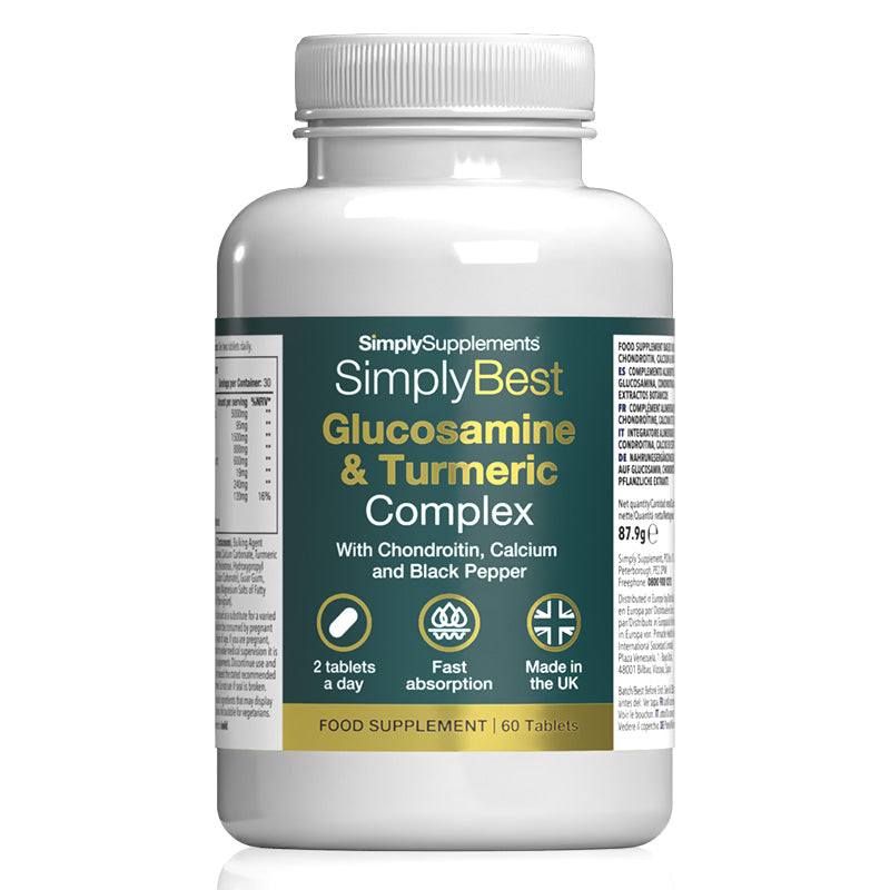 Nahrungsergänzungsmittel Flasche etikettiert 'SimplyBest Glucosamin & Kurkuma Complex' auf ein weiß Hintergrund