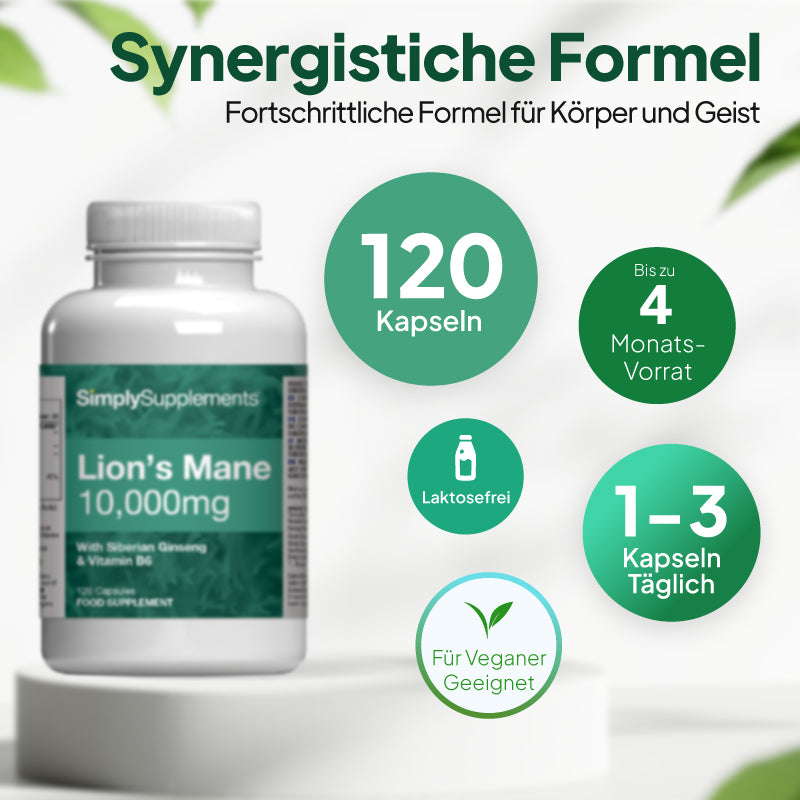 Grafik zum Nahrungsergänzungsmittel „Lion’s Mane und Sibirischer Ginseng“ von Simply Supplements mit Angaben zu 120 Kapseln, einer Packungsgröße für bis zu 4 Monate, einer täglichen Einnahme von 1–3 Kapseln, einer laktosefreien Rezeptur und einer veganen Zusammensetzung.
