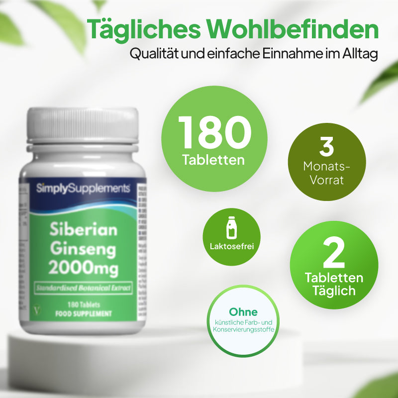 Eine Flasche des Nahrungsergänzungsmittels „SimplySupplements Sibirischer Ginseng 2000 mg“ auf einem weißen Sockel, mit deutschem Werbetext und grünen, runden Hinweisschildern, auf denen „180 Tabletten“, „Vorrat für 3 Monate“, „laktosefrei“ und „2 Tabletten täglich“ angegeben sind.