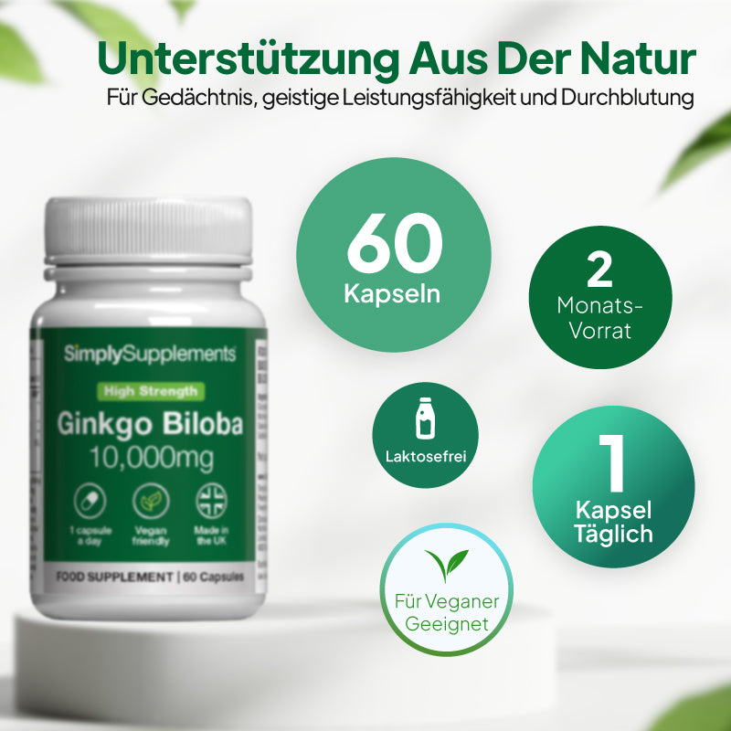 Grafik zum Ginkgo-Biloba-Präparat von Simply Supplements mit Angaben zu 60 Kapseln, einer Packungsgröße für 2 Monate, der täglichen Einnahme von 1 Kapsel, einer laktosefreien Rezeptur und der Eignung für Veganer.