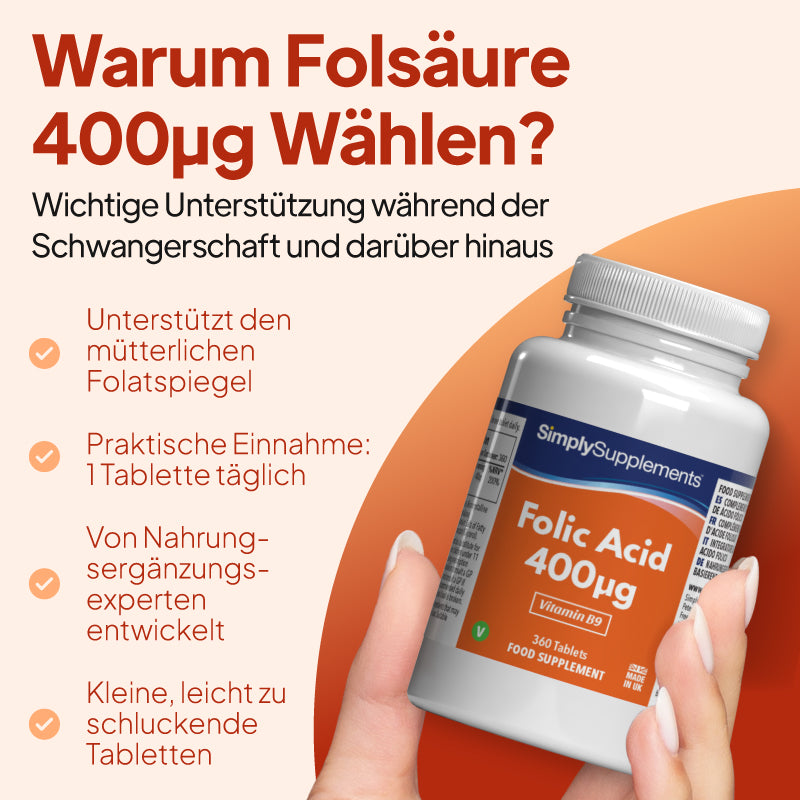 Deutsche Werbegrafik für eine Flasche des Nahrungsergänzungsmittels „SimplySupplements Folic Acid 400mcg, die vor einem pfirsich- und orangefarbenen Hintergrund in den Händen gehalten wird, mit Text-Einblendungen zu den Vorteilen von Folsäure.