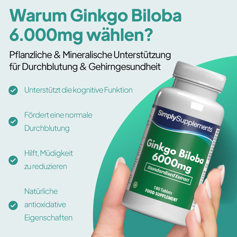 Eine Hand hält eine weiße Flasche des Nahrungsergänzungsmittels „SimplySupplements Ginkgo Biloba 6000 mg“ vor einem türkis-weißen grafischen Hintergrund mit deutschem Text und Häkchen.