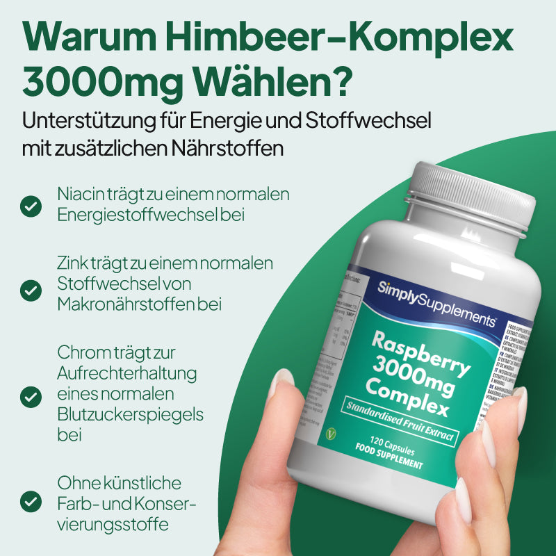 Eine Hand hält eine weiße Flasche des Nahrungsergänzungsmittels „SimplySupplements Raspberry 3000 mg Complex“ vor einem grün-weißen Werbehintergrund mit deutschem Text und Häkchen.