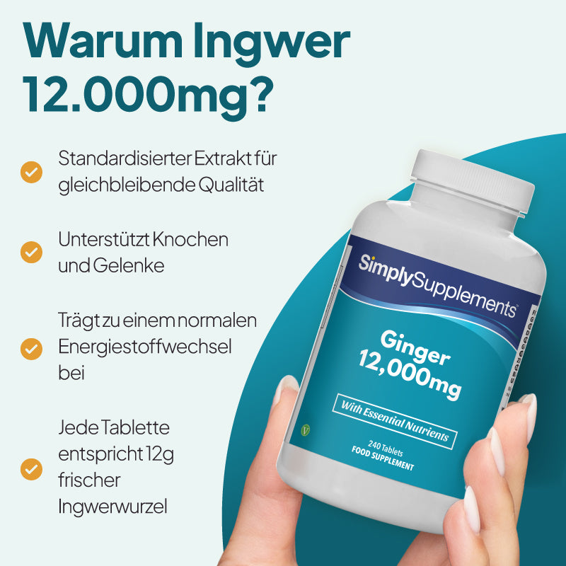 Die Ingwer-Tabletten von Simply Supplements unterstützen die Gesundheit von Gelenken und Knochen und tragen zum Energiestoffwechsel bei.