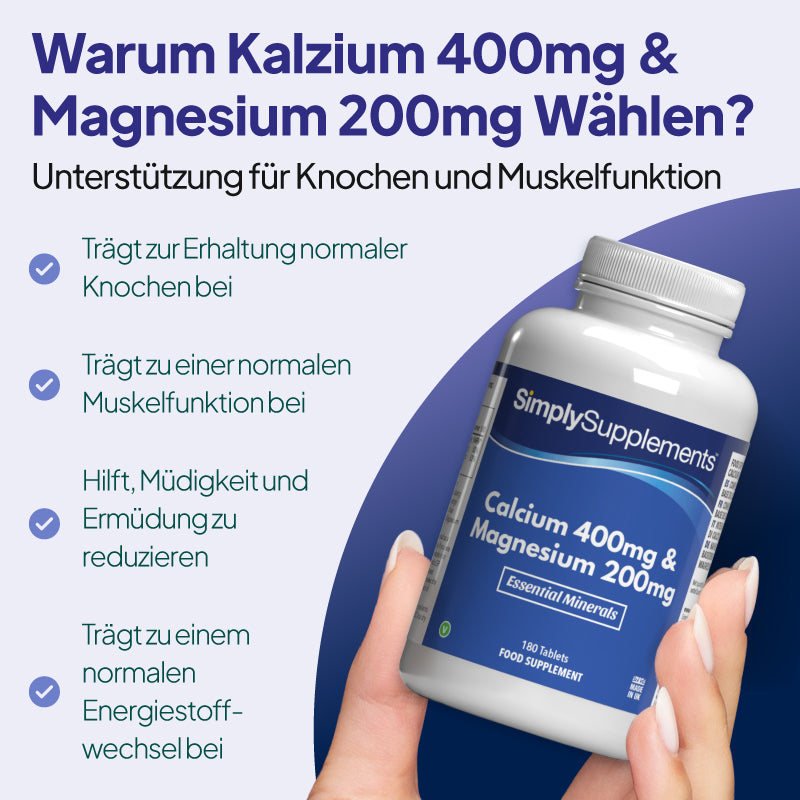 „Simply Supplements“ Kalzium 400 mg & Magnesium 200 mg Tabletten tragen zur Erhaltung der Knochen bei, unterstützen die Muskelkontraktion und mindern Müdigkeit und Erschöpfung.
