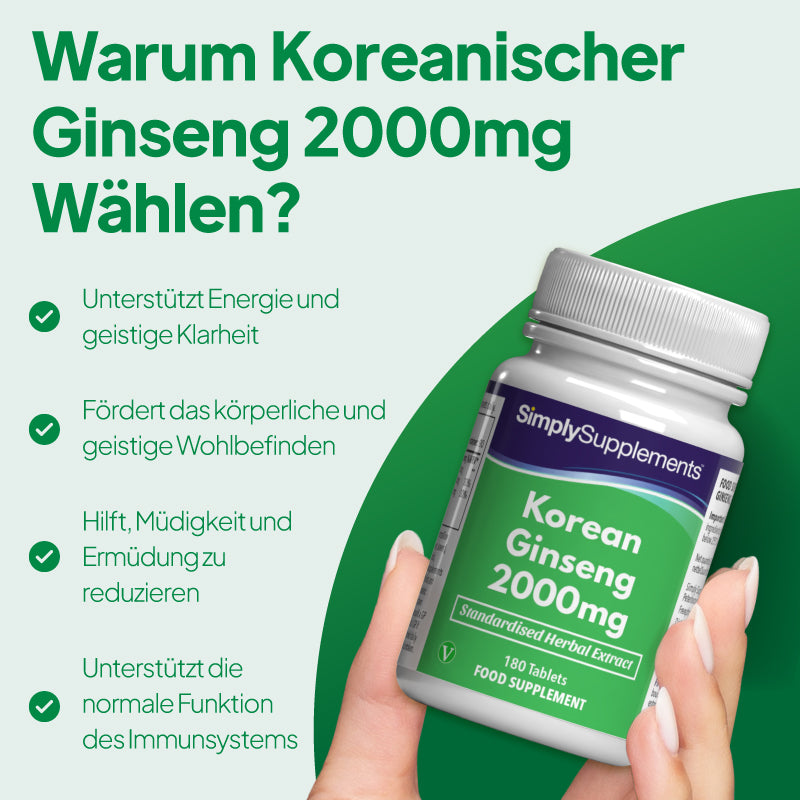 Koreanischer Ginseng unterstützt das Energieniveau und die geistige Klarheit, fördert das geistige und körperliche Wohlbefinden und hilft, Erschöpfung und Müdigkeit zu verringern.
