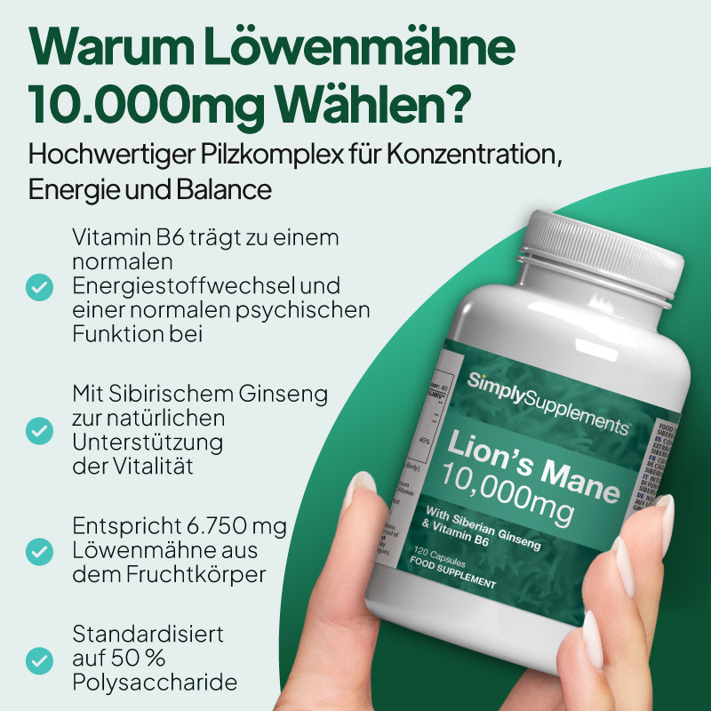 Grafik zu „Simply Supplements: Löwenmähne und Sibirischer Ginseng mit Vitamin B6“, die folgende Inhaltsstoffe hervorhebt: 6.750 mg Löwenmähne aus Fruchtkörpern, standardisiert auf einen Polysaccharidgehalt von 50 %, ergänzt durch Sibirischen Ginseng für natürliche Widerstandsfähigkeit sowie Vitamin B6 zur Unterstützung von Energie und kognitiven Funktionen.
