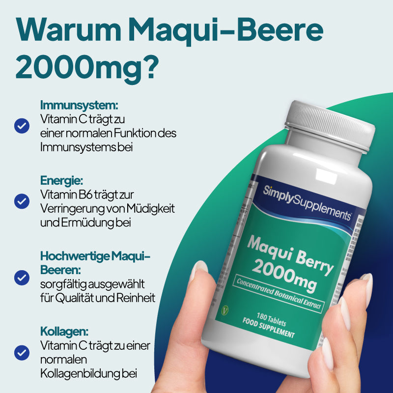 „Simply Supplements Maqui-Beeren-Tabletten 2.000 mg“ unterstützen die Immunfunktion und tragen dazu bei, Müdigkeit und Erschöpfung zu verringern.