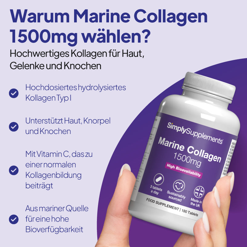 Eine Hand, die eine Flasche des Nahrungsergänzungsmittels „SimplySupplements Marine Collagen 1500 mg“ hält, vor einem violetten und hellvioletten grafischen Hintergrund mit deutschem Text, in dem die Vorteile des Produkts beschrieben werden.