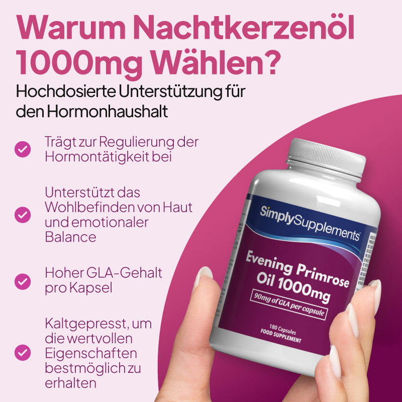 Eine Hand hält eine Flasche „SimplySupplements Nachtkerzenöl 1000 mg“ vor einem rosa-magentafarbenen grafischen Hintergrund, auf dem ein deutscher Werbetext über die Unterstützung des Hormonhaushalts und die Vorteile des Produkts zu lesen ist.