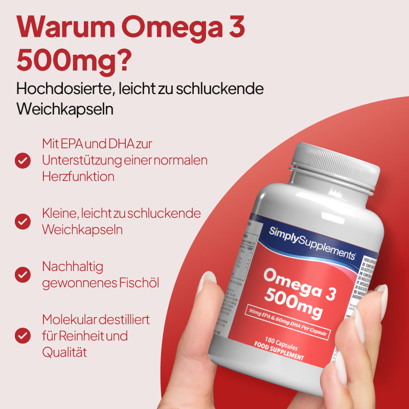 Eine Hand, die eine Flasche „SimplySupplements Omega-3-Fischöl 500 mg“ in Form von Weichkapseln hält, mit Werbetext auf hellblauem und dunkelblaugrünem Hintergrund. Der Text hebt hervor, dass die Kapseln klein und leicht zu schlucken sind und das Fischöl aus nachhaltiger Fischerei stammt.