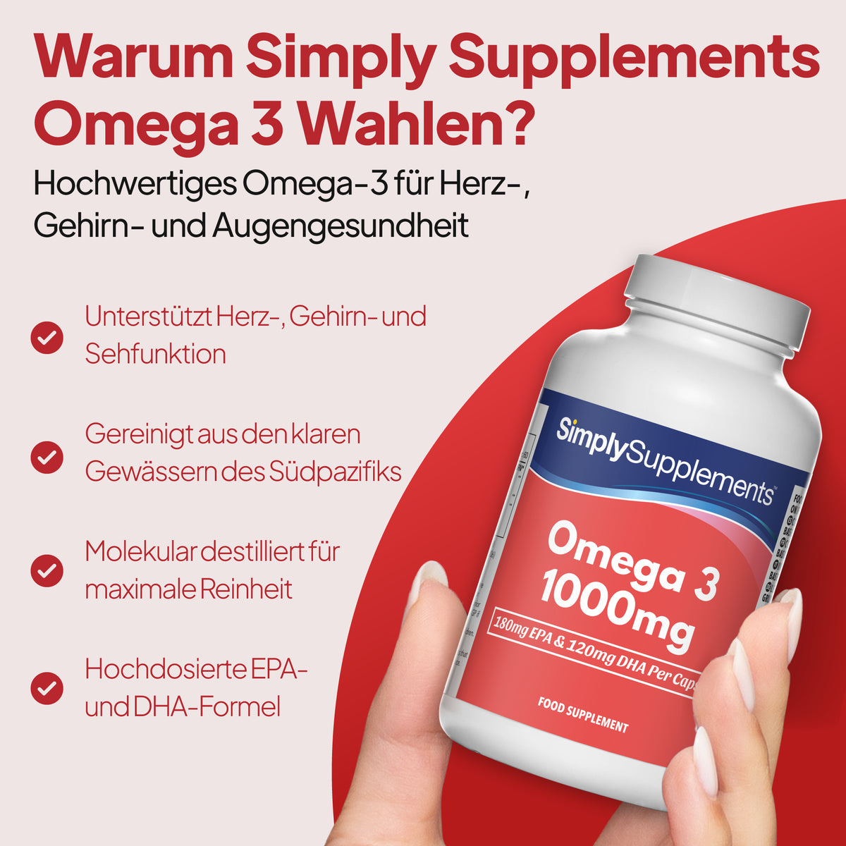 Eine Hand hält eine Flasche des Nahrungsergänzungsmittels „Simply Supplements Omega 3 1000 mg“ vor einem rot-hellbeigen Hintergrund mit deutschem Werbetext.