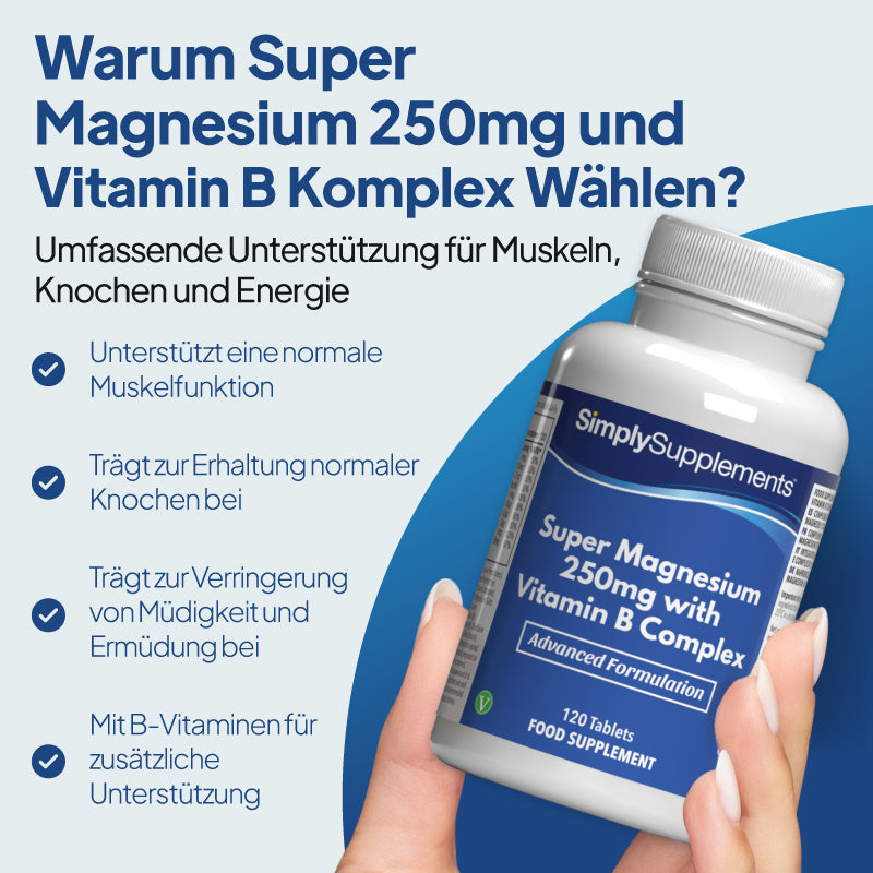 „Super Magnesium mit Vitamin-B-Komplex“ unterstützt die normale Muskelfunktion, trägt zur Knochengesundheit bei und mindert Müdigkeit und Erschöpfung.
