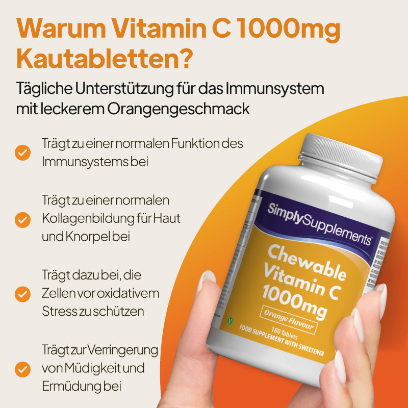 Vitamin C trägt zur Funktion des Immunsystems bei, unterstützt den Kollagenaufbau und hilft, vor oxidativem Stress zu schützen