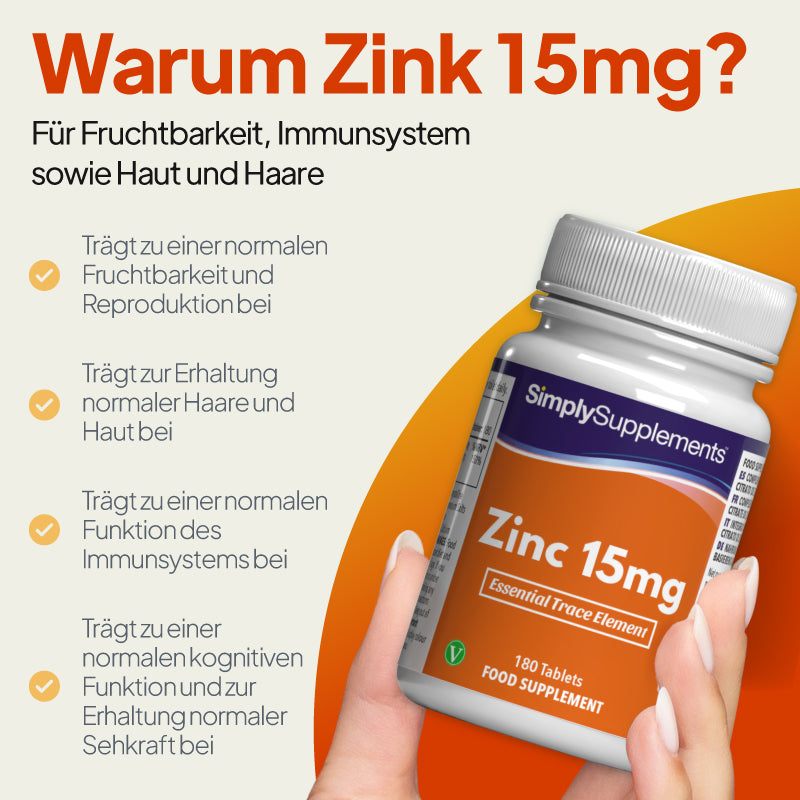 Zink trägt zu einer normalen Fruchtbarkeit und Fortpflanzung sowie zur Funktion des Immunsystems bei und unterstützt das normale Haarwachstum und die Gesundheit der Haut