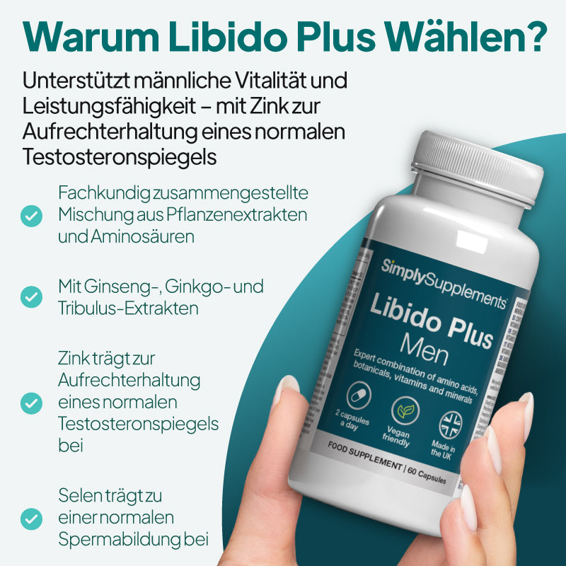 Eine Hand hält eine Flasche „SimplySupplements Libido Plus Men“ vor einem türkis-weißen Werbehintergrund, auf dem ein deutscher Text die Vorteile für die männliche Vitalität und die Unterstützung des Testosteronspiegels hervorhebt.