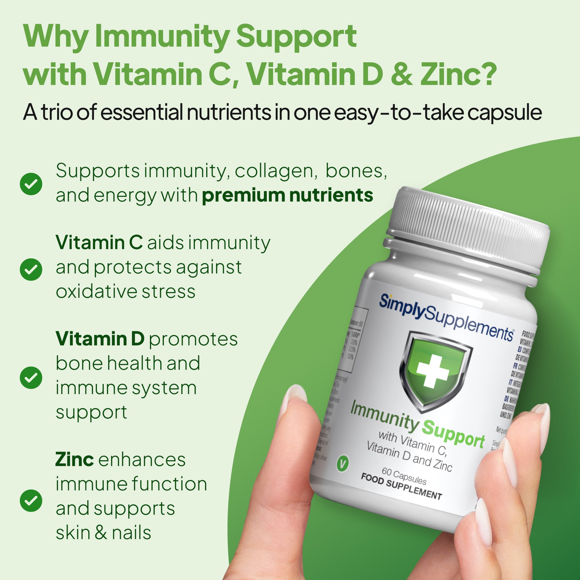 Immunity Unterstützung mit Vitamin C, Vitamin D & Zink unterstützt immunity, Kollagen, bones und energy.
