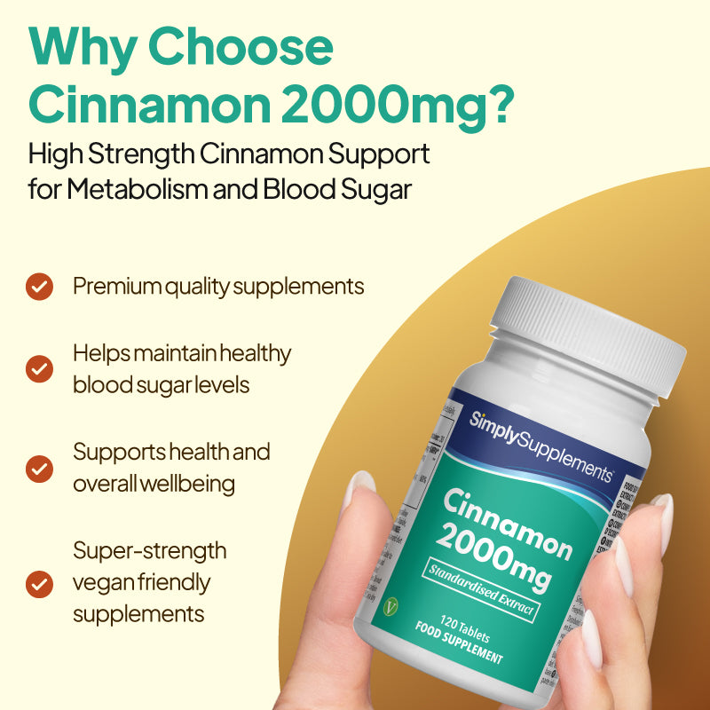 Simply Supplements Cinnamon 2000mg image highlighting premium quality supplement, helps maintain healthy blood sugar levels and support health and overall wellbeing
