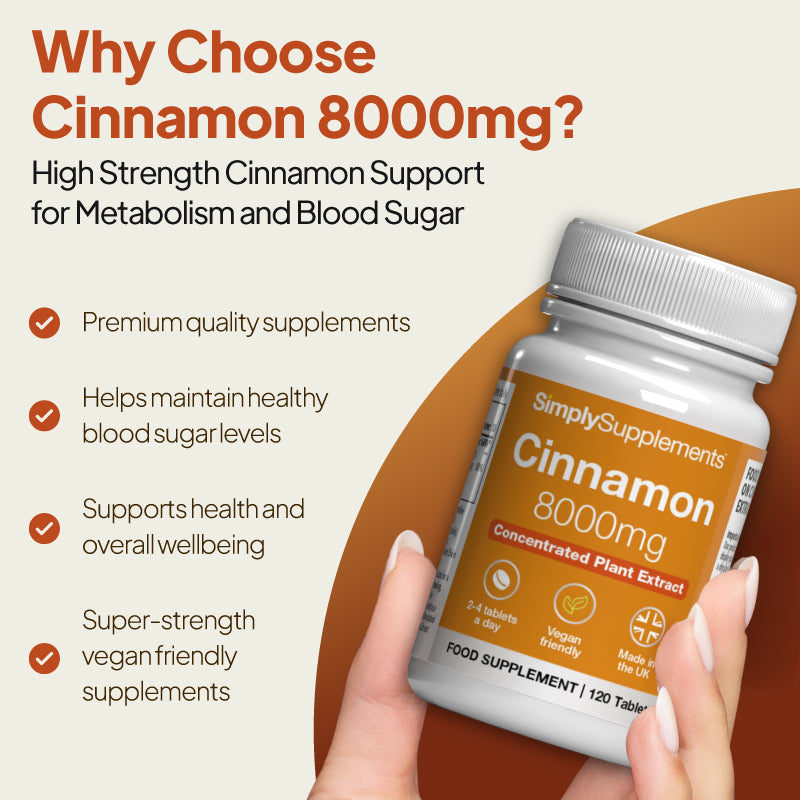 Simply Supplements Cinnamon 8000mg image highlighting standardised extract tablets, vegetarian suitability, GMP-approved quality, and support for health and wellbeing.