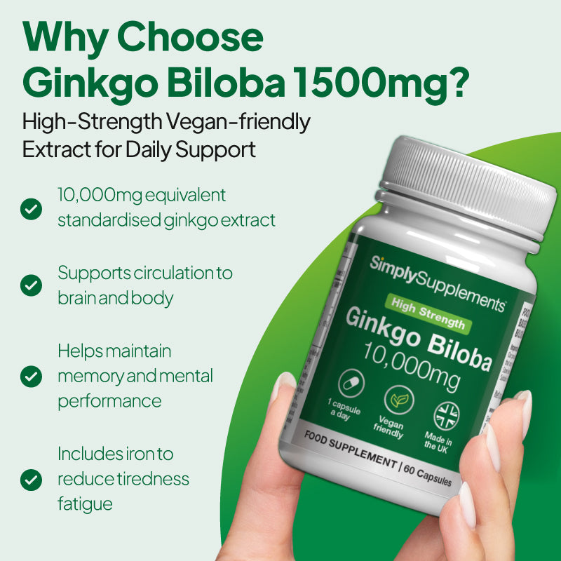 Simply Supplements Ginkgo Biloba 10,000mg Nahrungsergänzungsmittel Grafik hebt hervor standardised ginkgo Extrakt equivalent zu 10,000mg, Unterstützung für circulation zu Gehirn und body, helfen zu maintain memory und mental Leistung, und added Eisen zu reduce tiredness und fatigue.