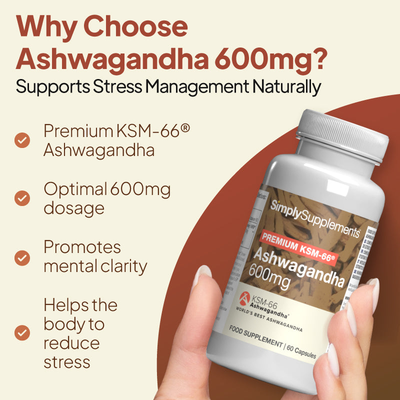 Ashwagandha 600mg Nahrungsergänzungsmittel Vorteile image zeigt Simply Supplements Premium KSM-66 Ashwagandha, hebt hervor Premium KSM-66 ashwagandha, 600mg dosage, mental clarity, und natürlich Stress Unterstützung
