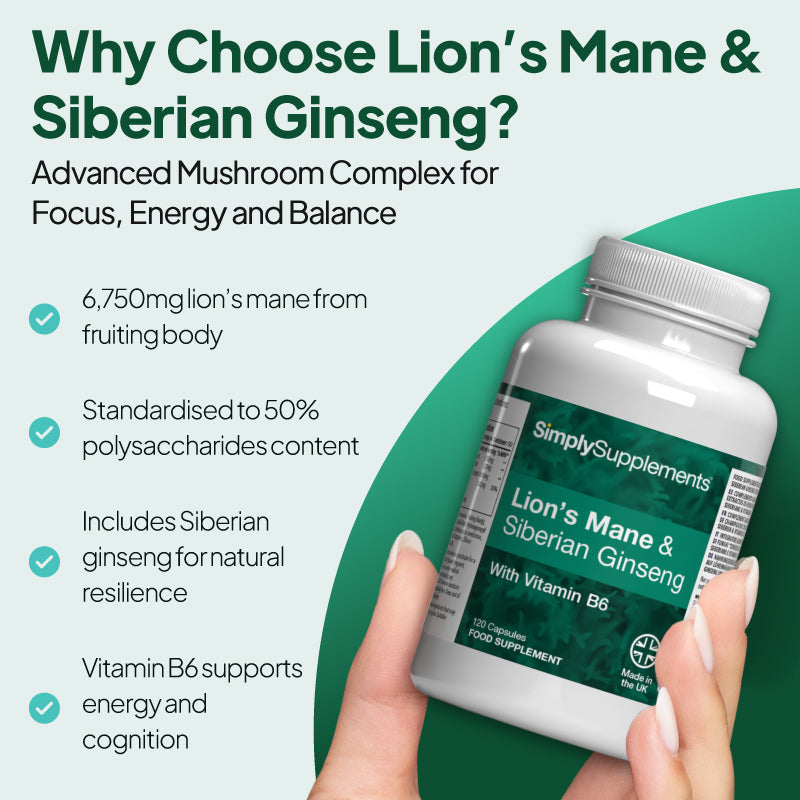 Simply Supplements Lion’s Mane und Siberian Ginseng mit Vitamin B6 Grafik hebt hervor 6,750mg lion’s mane von fruiting body, standardised zu 50% polysaccharides content, added Siberian Ginseng für natürlich resilience, und Vitamin B6 zu Unterstützung energy und cognition.