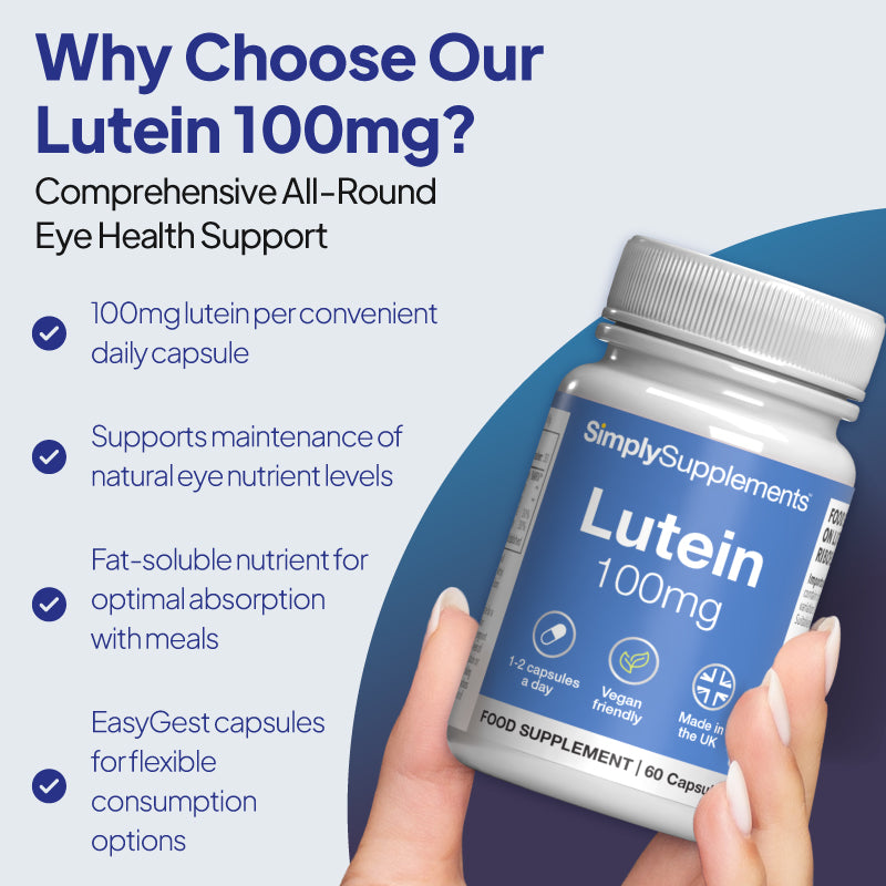 Simply Supplements Lutein 100mg Nahrungsergänzungsmittel Grafik hebt hervor 100mg lutein per täglich Kapsel, Unterstützung für maintenance von natürlich eye nutrient levels, fat-soluble absorption mit meals, und EasyGest Kapseln für flexible consumption options.