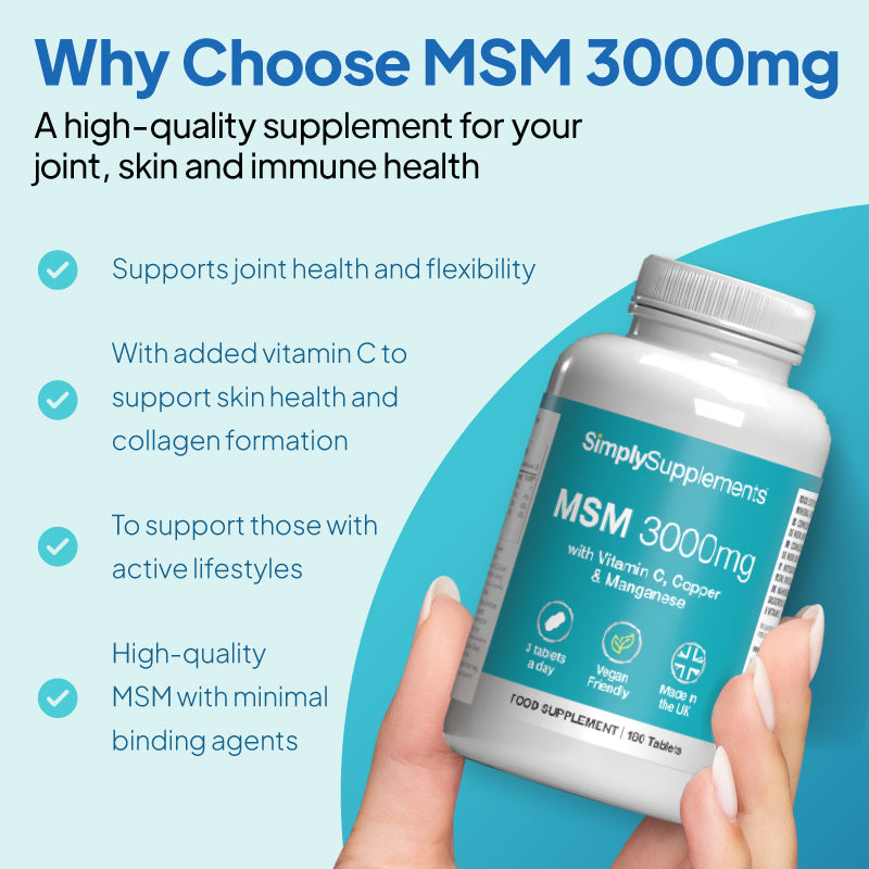 Simply Supplements MSM 3000mg mit Vitamin C, copper und manganese Flasche, promoting Gelenk Gesundheit, Haut Gesundheit, Kollagen formation, Immun Unterstützung und high-quality vegan Lebensmittel Nahrungsergänzungsmittel Vorteile.