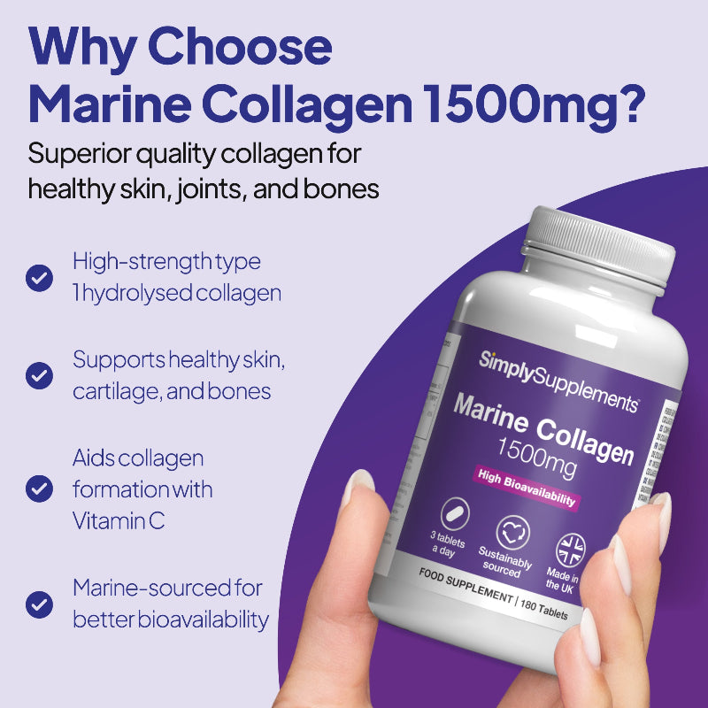 Simply Supplements Marine Kollagen 1500mg unterstützt gesund Haut, cartilage und bones, as well as aids Kollagen formation.
