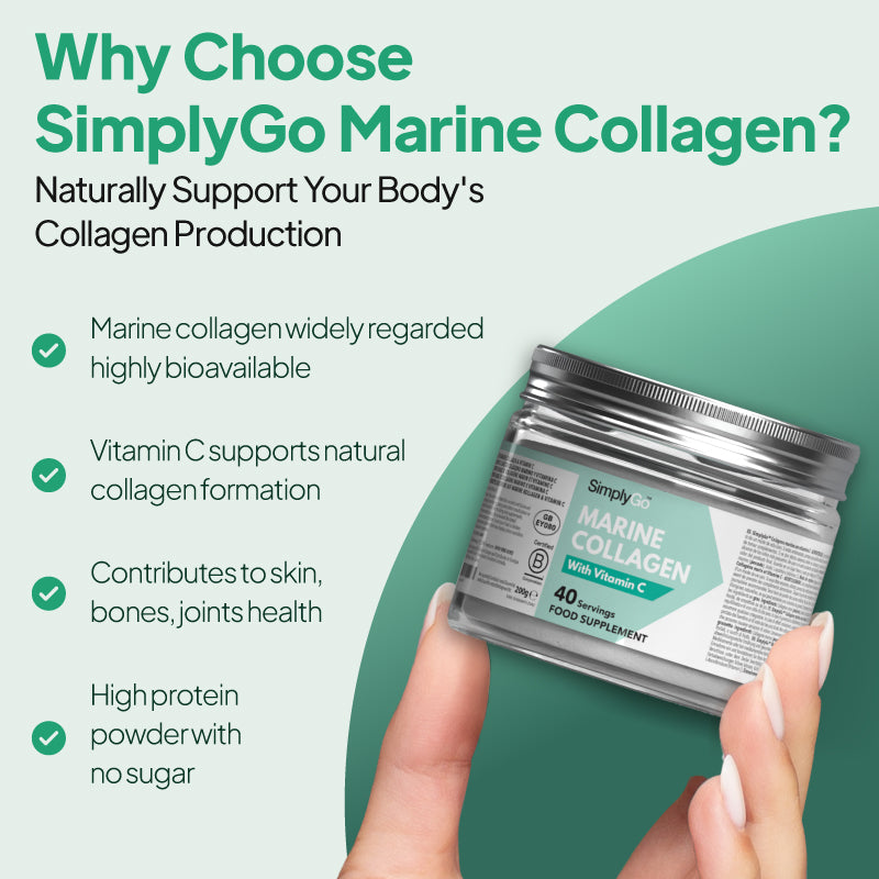 SimplyGo Marine Kollagen mit Vitamin C Nahrungsergänzungsmittel Grafik hebt hervor highly bioavailable marine Kollagen, natürlich Kollagen formation Unterstützung, Haut bones und Gelenke Gesundheit, und high-protein sugar-free Pulver.