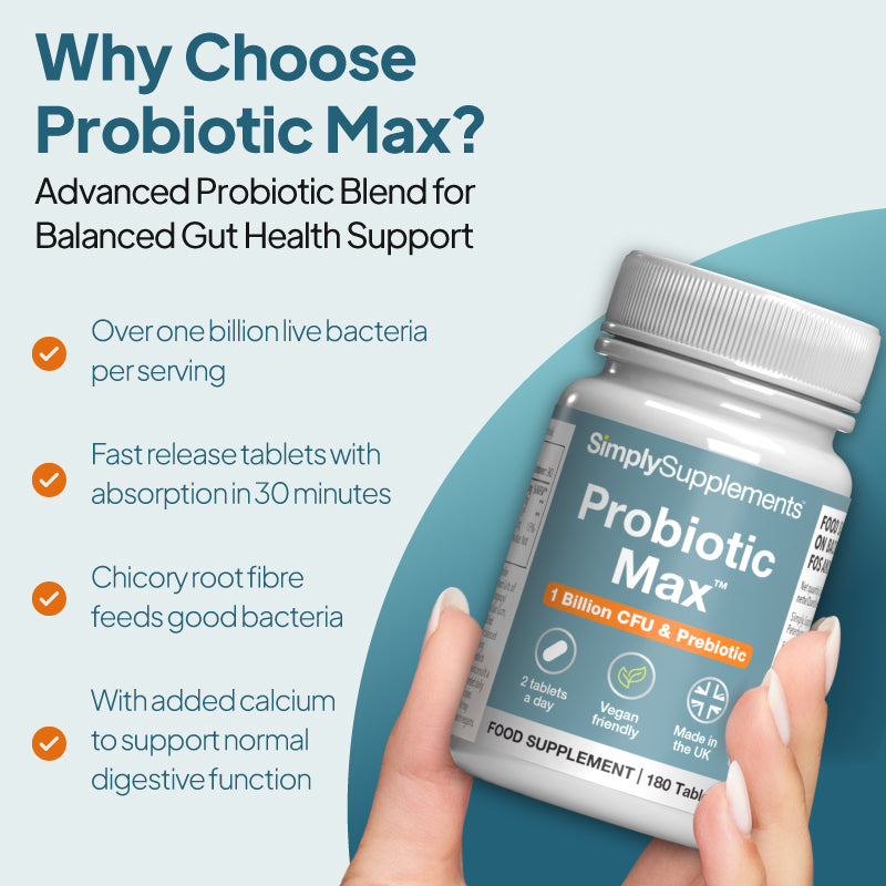 Simply Supplements Probiotikum Max Nahrungsergänzungsmittel Grafik hebt hervor über 1 billion live bacteria per serving, dual-action prebiotic Formel, chicory root fibre und Calcium für normal digestive Funktion.