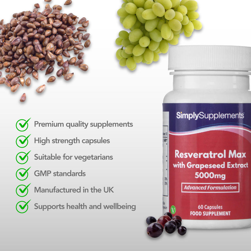 Product feature graphic for Simply Supplements Resveratrol Max with Grapeseed Extract 5000mg, showing a close-up of the bottle on a light background with grape seeds and green grapes, alongside a checklist noting premium quality supplements, high strength capsules, suitability for vegetarians, GMP standards, manufacture in the UK, and support for health and wellbeing.