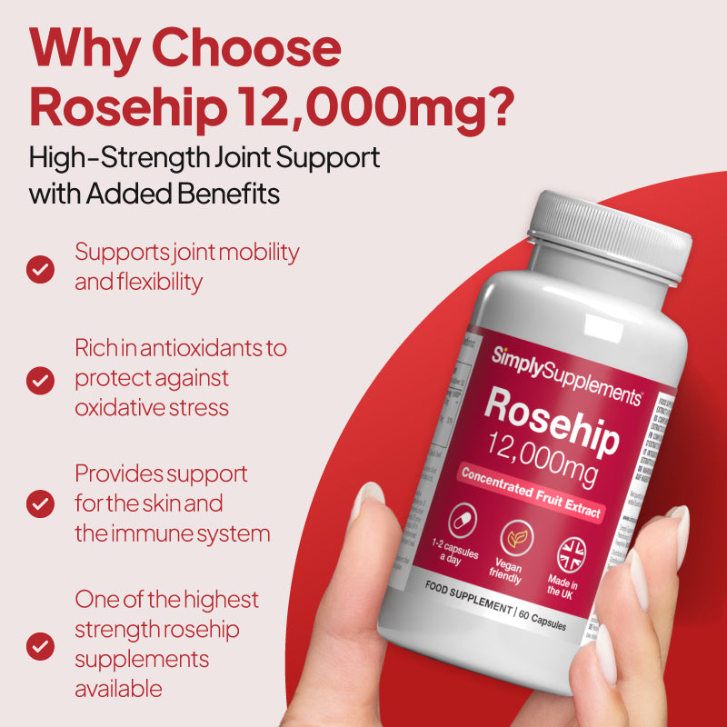 Simply Supplements Rosehip 12,000mg high-strength Gelenk Unterstützung Nahrungsergänzungsmittel Grafik zeigt concentrated fruit Extrakt für Gelenk mobility, flexibility, antioxidant protection, relaxation und energy Unterstützung.