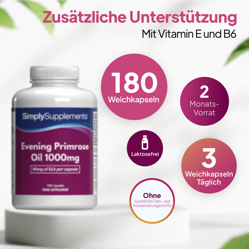 Eine Flasche „SimplySupplements“ Nachtkerzenöl-Kapseln à 1000 mg, präsentiert auf einem weißen Sockel, mit deutschem Werbetext und kreisförmigen Hinweisen, die auf 180 Kapseln, einen Vorrat für 2 Monate, die Einnahme von 3 Kapseln täglich und den Verzicht auf künstliche Konservierungsstoffe hinweisen.